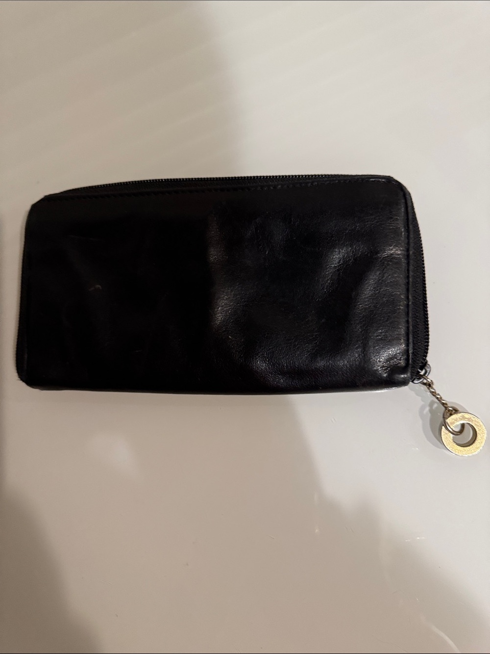 Perlina Black Leather Zip Wallet with Gold Logo Plate